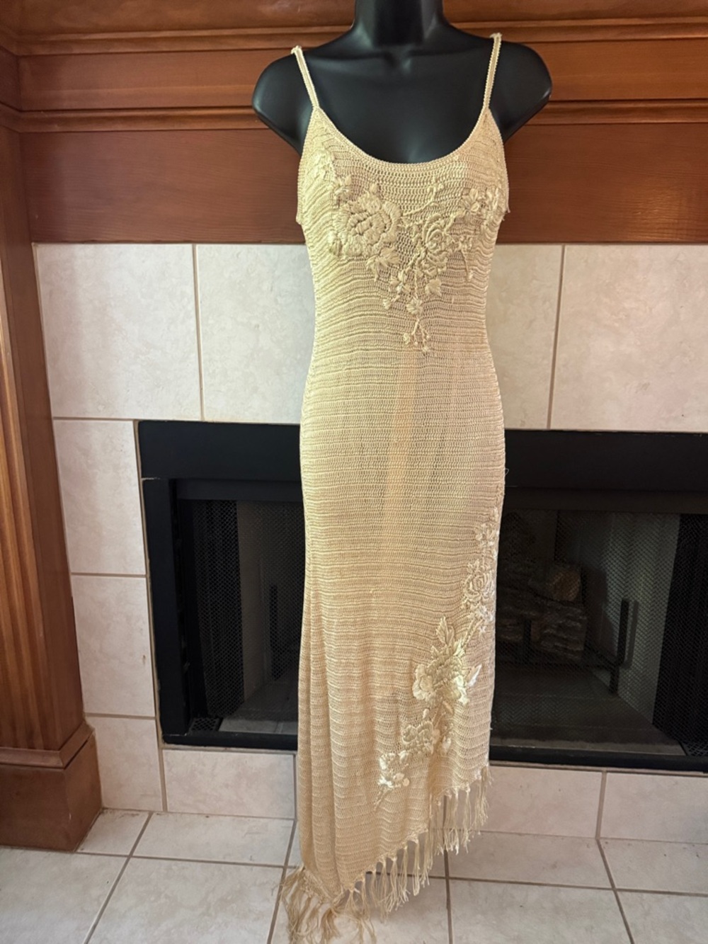 Sue Wong Crochet Maxi Dress with Floral Embroidery